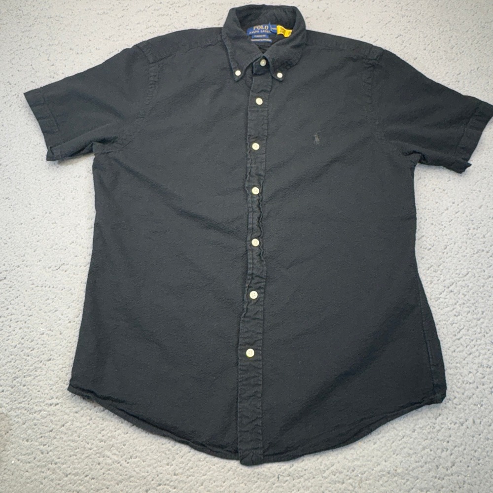 Polo Ralph Lauren Seersucker Shirt Mens Medium Black Short Sleeve Classic Fit